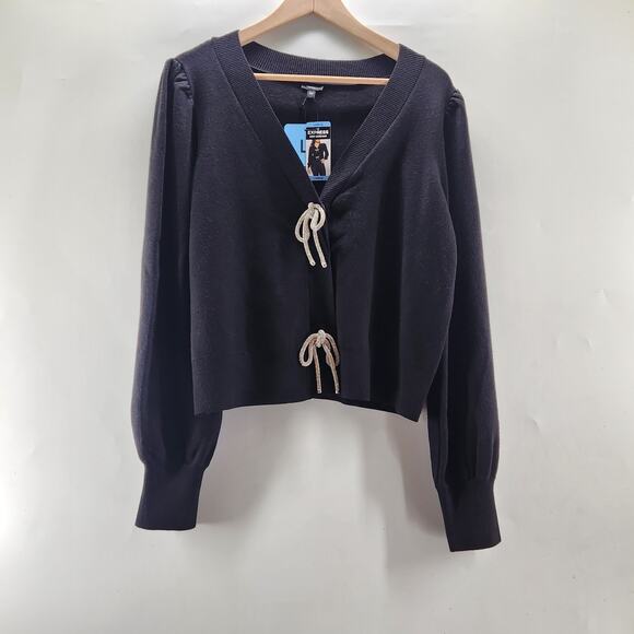 Express Bow Cardigan Sweater Women Large Black Puff Sleeve Embellished Knit Luxe - Picture 4 of 10